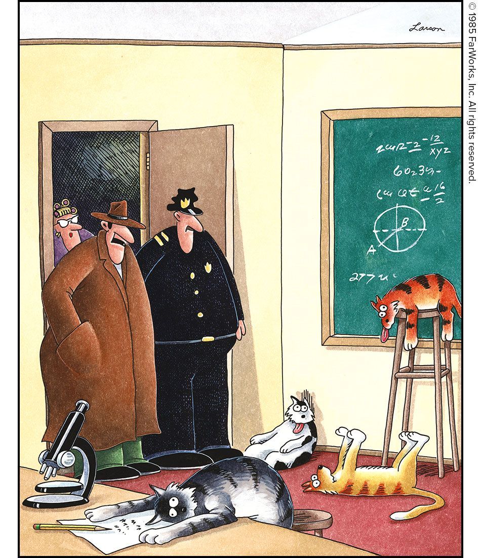 far side comic police officers enter a classroom and see dead cats looking at science notes