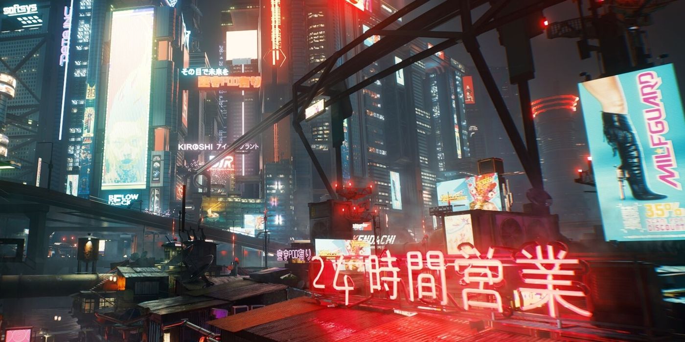 Uma imagem da paisagem de Night City em Cyberpunk 2077