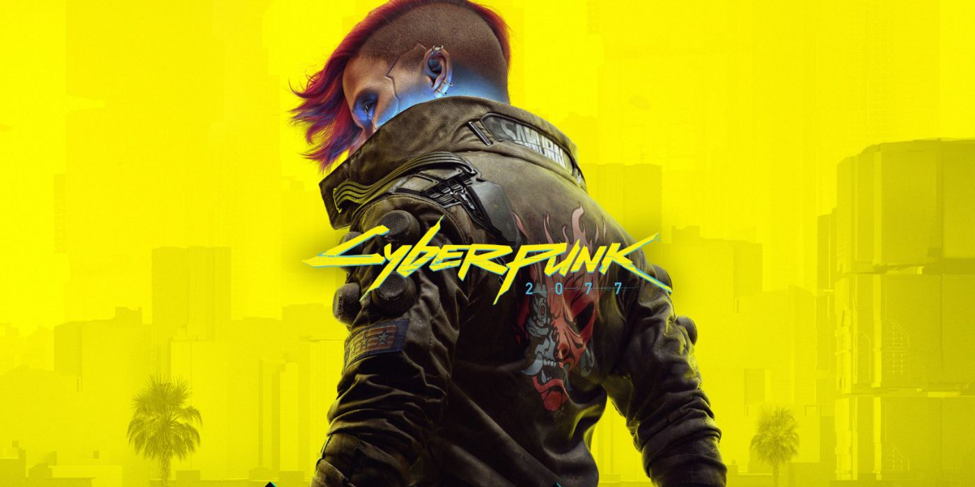 Art promotionnel Cyberpunk 2077 mettant en vedette V avec son dos tourné sur un fond jaune fluo.