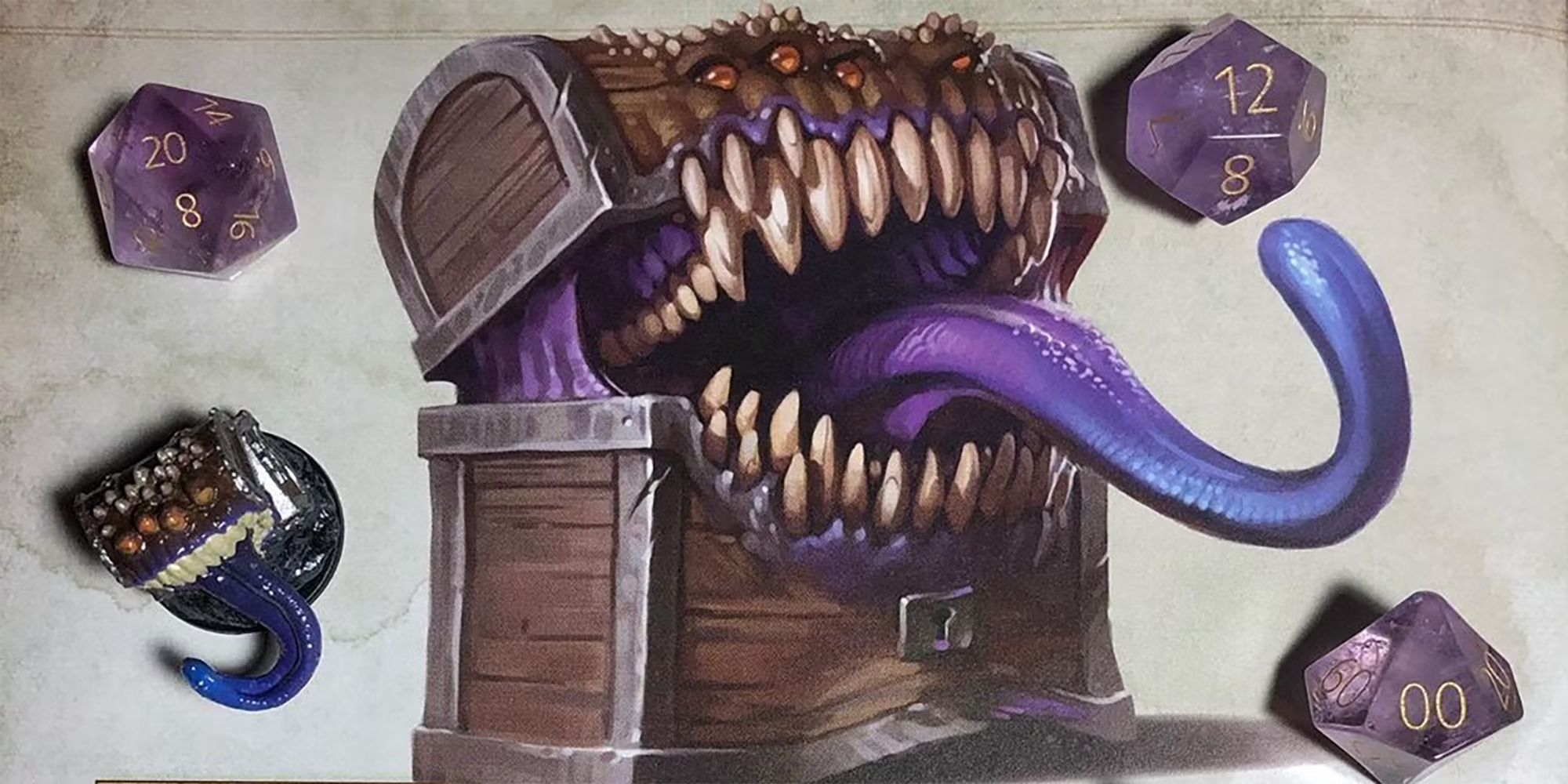 An illustration of a D&D mimic, surrounded by purple dice and a mimic miniature.