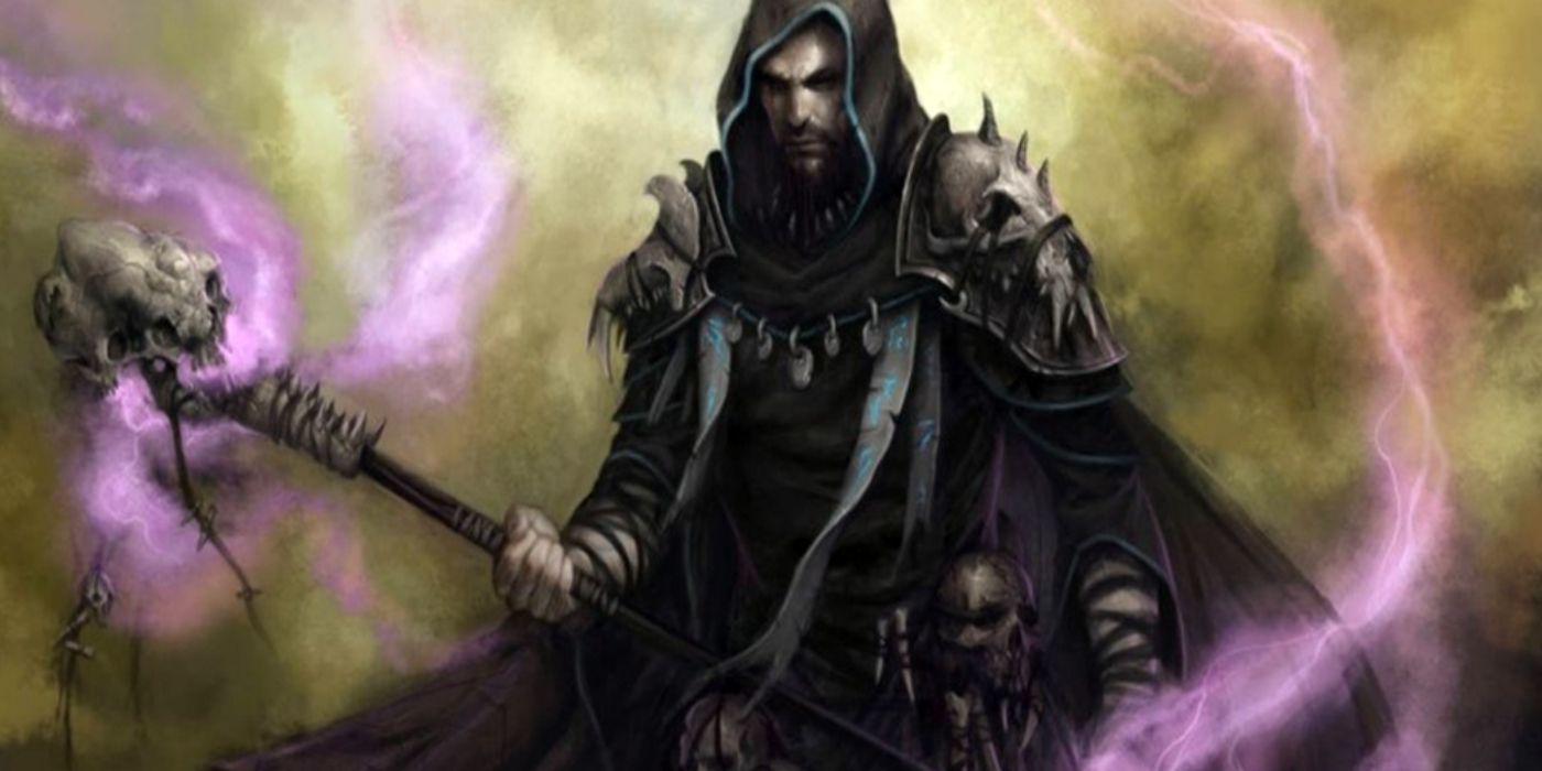 D&D Warlock with a magic skull staff stands on a green backdrop 