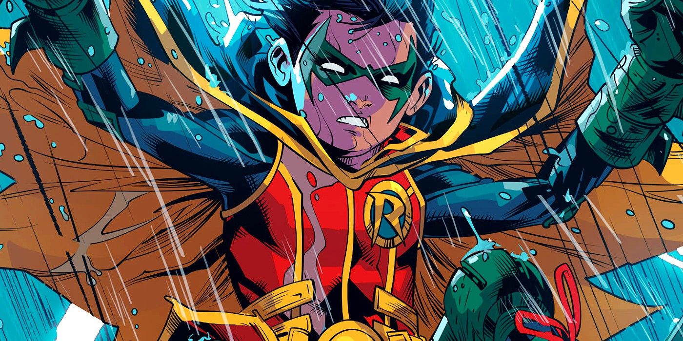 Damian Wayne como Robin na chuva torrencial na DC Comics