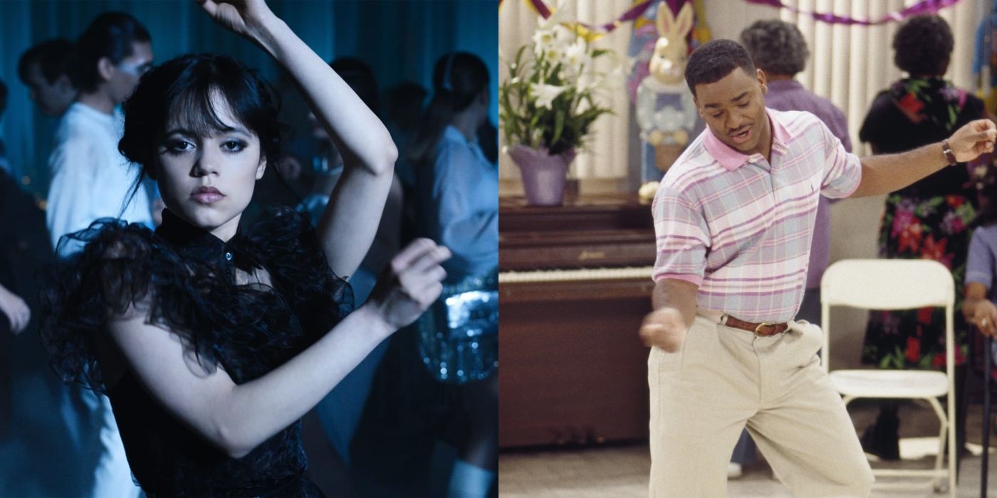 Split image of Wednesday and Carlton from The Fresh Prince Of Bel-Air dancing