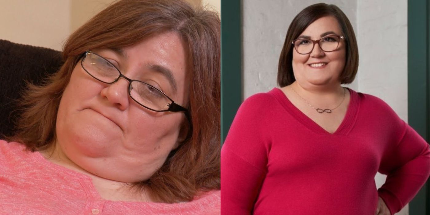 90 Day Fiance star Danielle Mullins side by side photos in red shirts and short hair showing weight loss