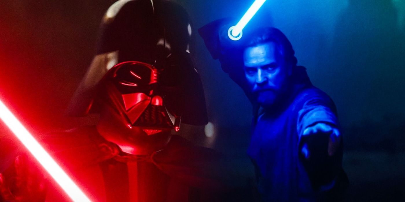 Darth Vader with a red lightsaber and Obi-Wan Kenobi with a blue lightsaber.