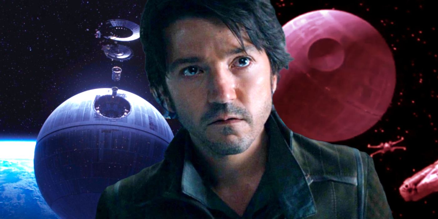 Diego Luna as Cassian with Death Star in Andor and the Death Star in Star Wars A New Hope