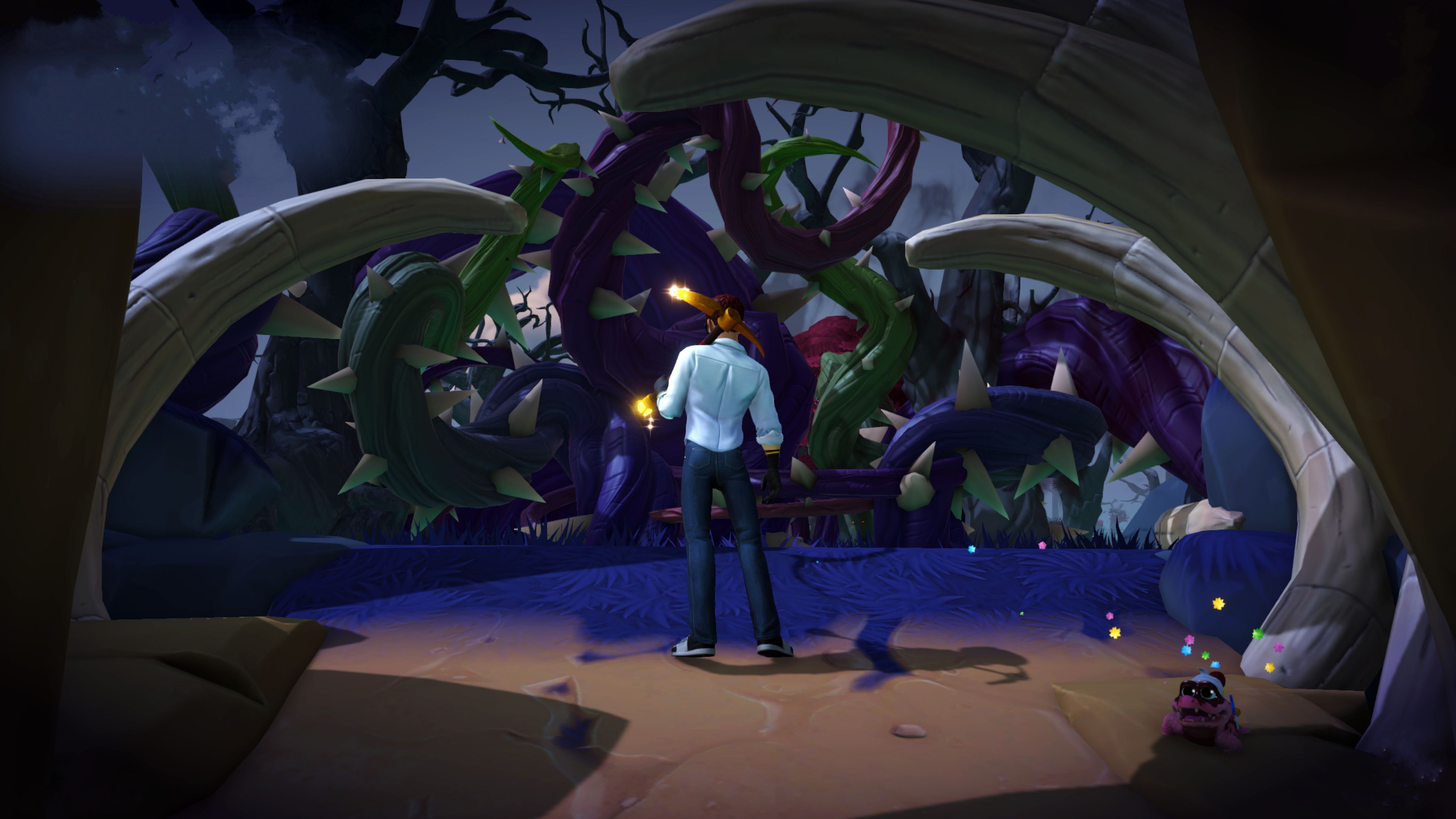 Disney Dreamlight Valley Player staat voor nachtelijke doornen bij de ingang van de Forgotten Lands