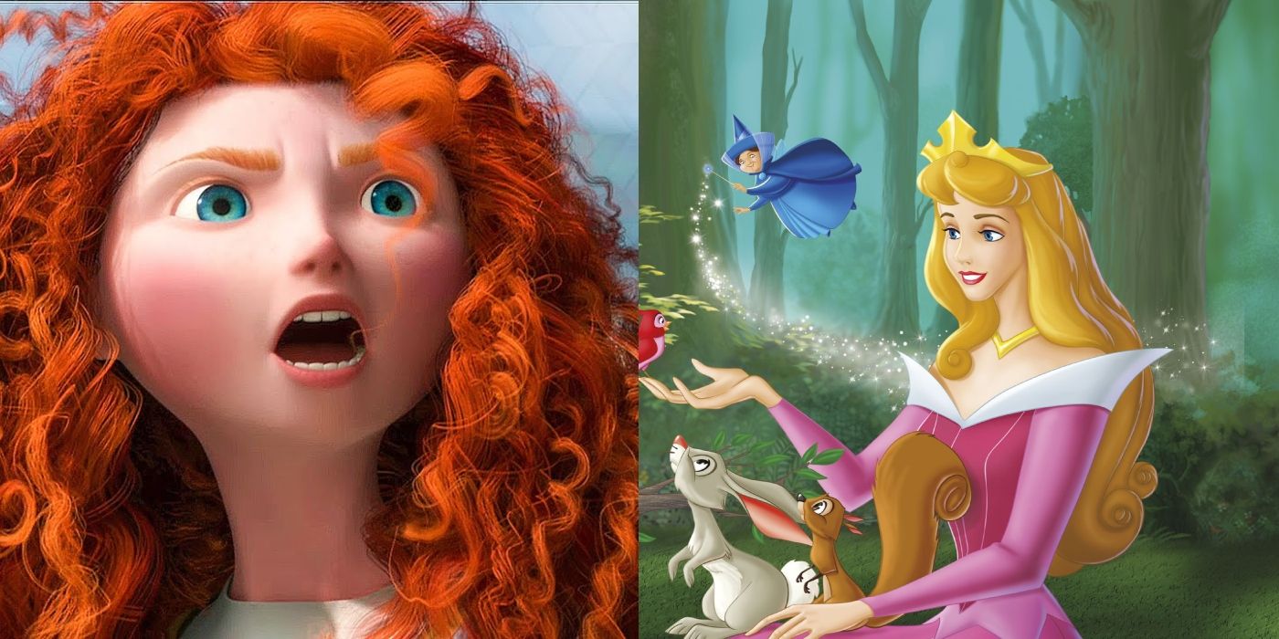 Split image of Merida in Brave and Aurora with animals in Sleeping Beauty