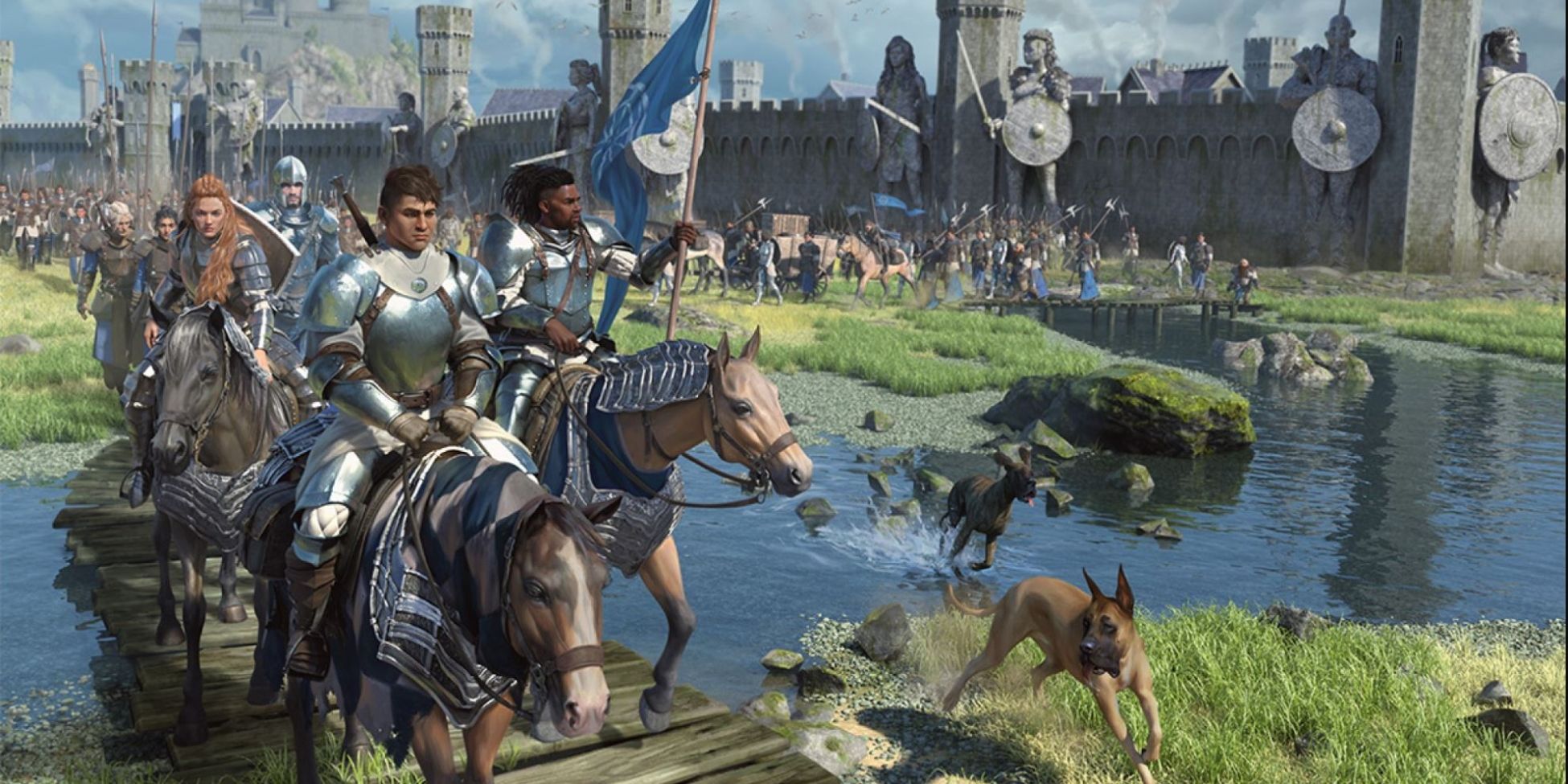 Dragonlance knights on horseback lead a procession of soldiers over a small bridge and away from a walled city.