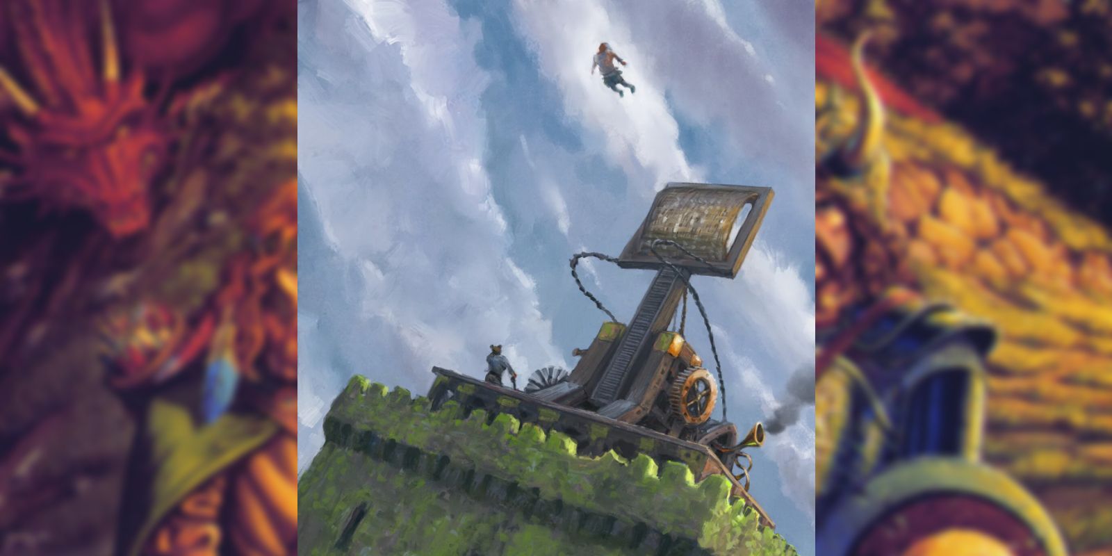 Um Gnomeflinger no topo de uma torre de castelo, projetado para arremessar gnomos.