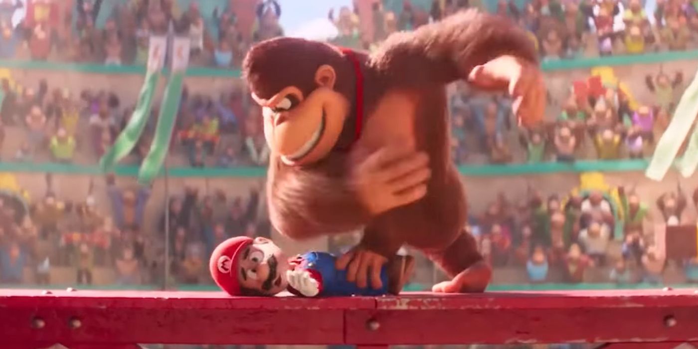 Donkey Kong beating up Mario in Super Mario Bros Movie