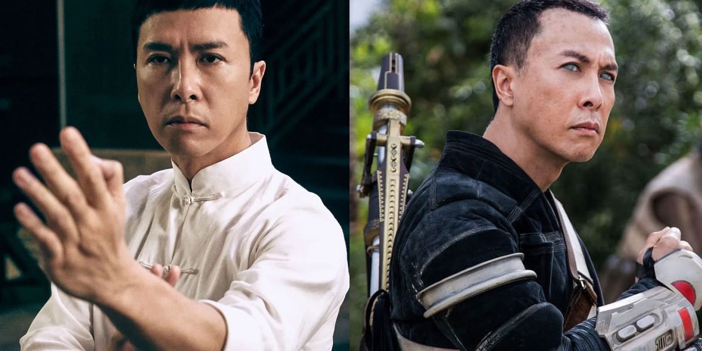 Split Image: Donnie Yen prepared to fight in Ip Man; Donnie Yen as Chirrut Imwe in Rogue One: A Star Wars Story