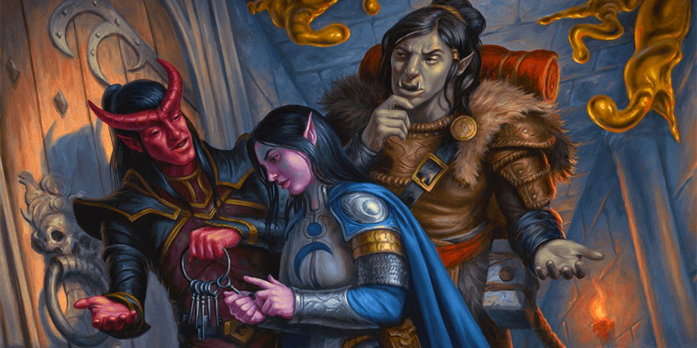 Three D&D characters discussing plans, while two of them look through a large key ring.
