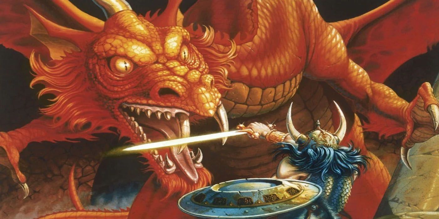Dungeons and Dragons Red Box Art Red Dragon Facing Warrior