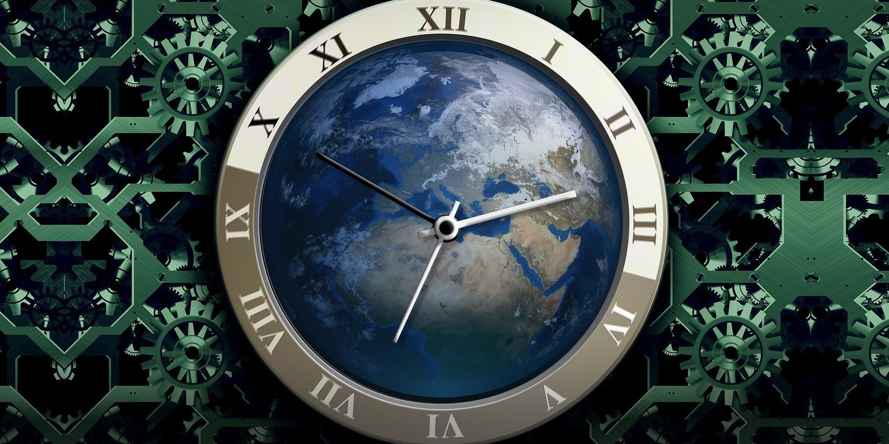 Artistic imagination of a mechanical clock overlaid over planet Earth as a disc-shaped background.