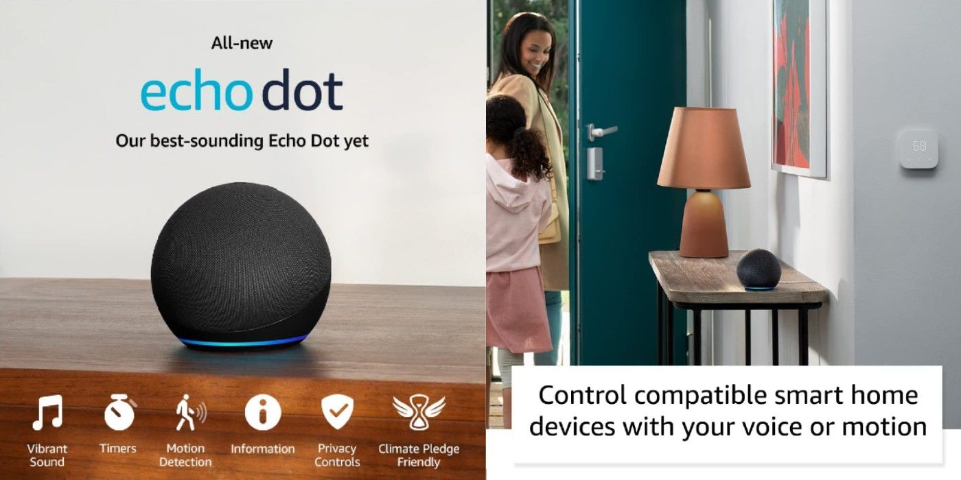 Echo Dot (5th Gen) on Amazon pictured on a table and in a hallway
