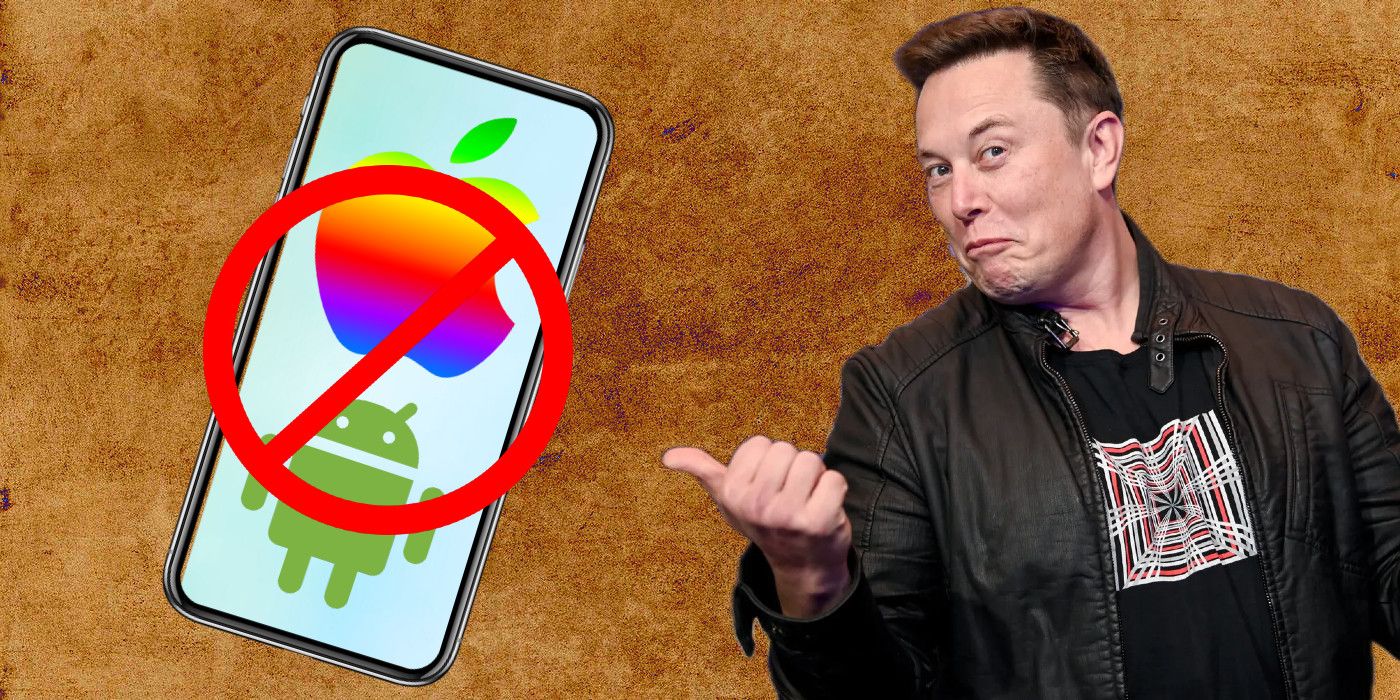 Elon Musk with canceled Apple logo and Android logo