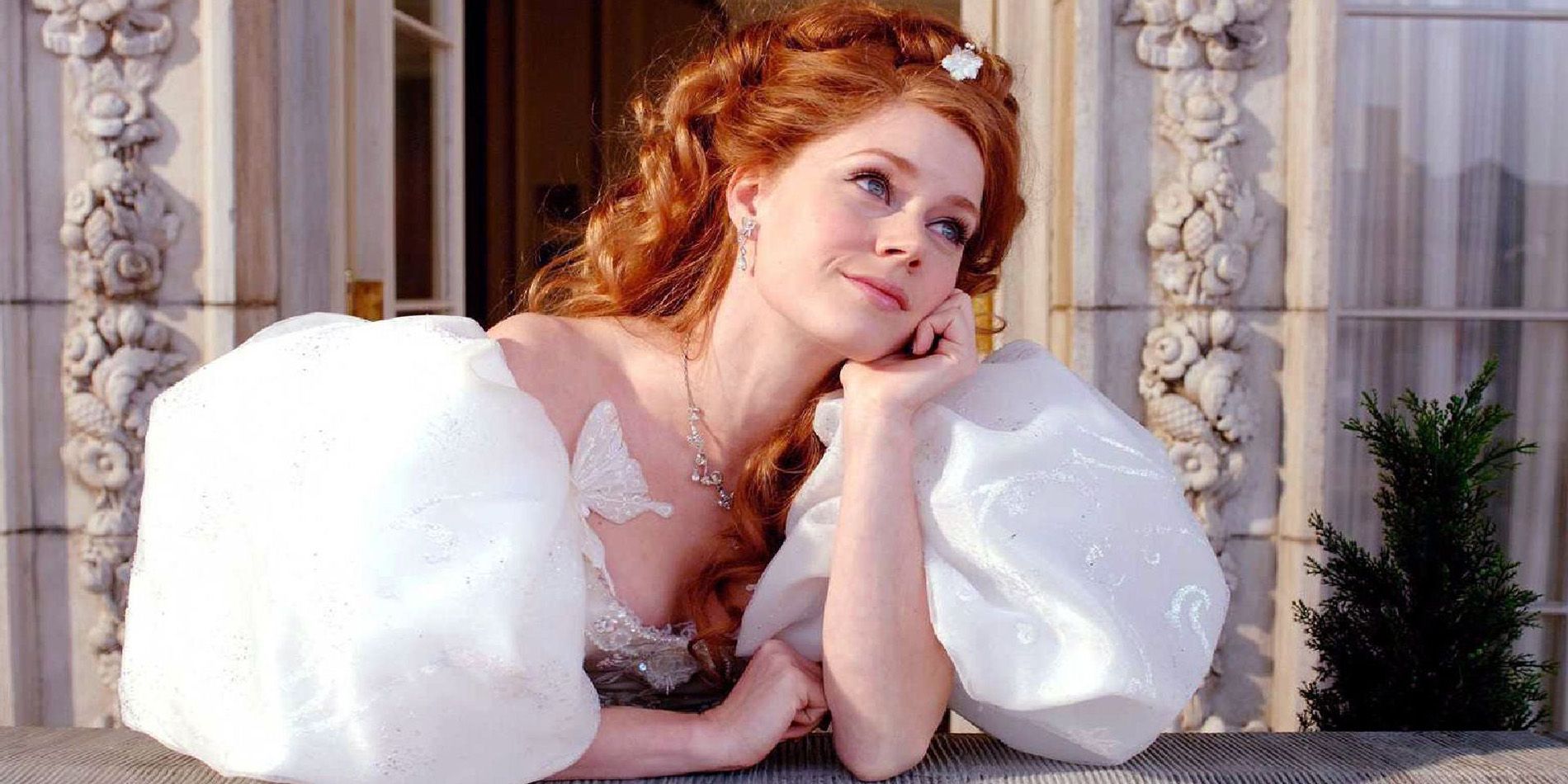enchanted movie amy adams on her balcony in the sun wearing a white dress