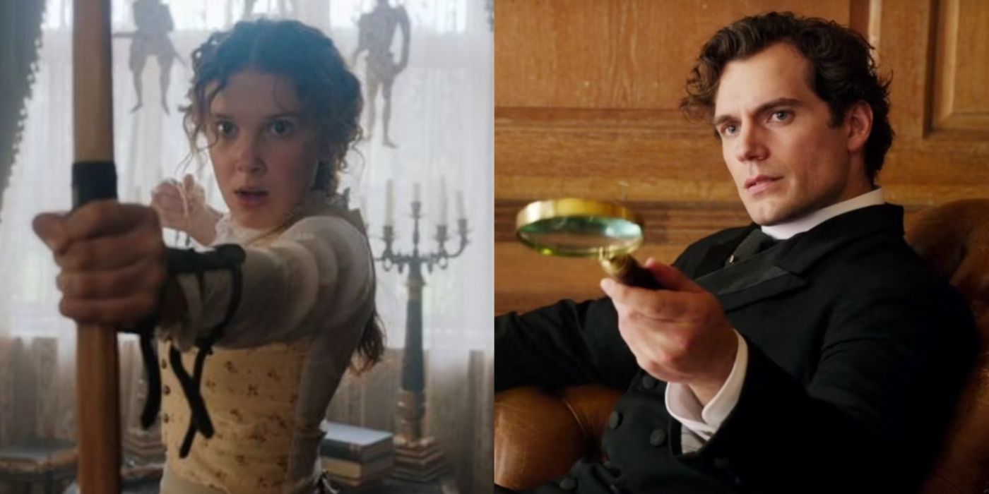 A split image features Enola Holmes and Sherlock Holmes in the first Enola Holmes movie for Netflix