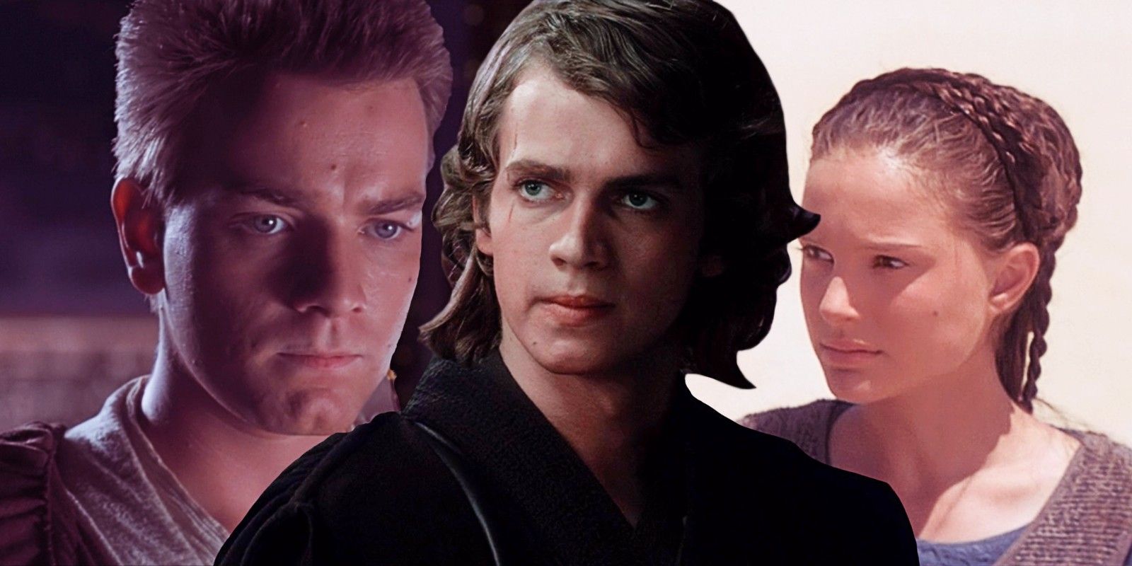 Ewan McGregor as Obi-Wan Kenobi and Natalie Portman as Padme in Star Wars The Phantom Menace and Hayden Christensen as Anakin Skywalker in Star Wars Revenge of the Sith