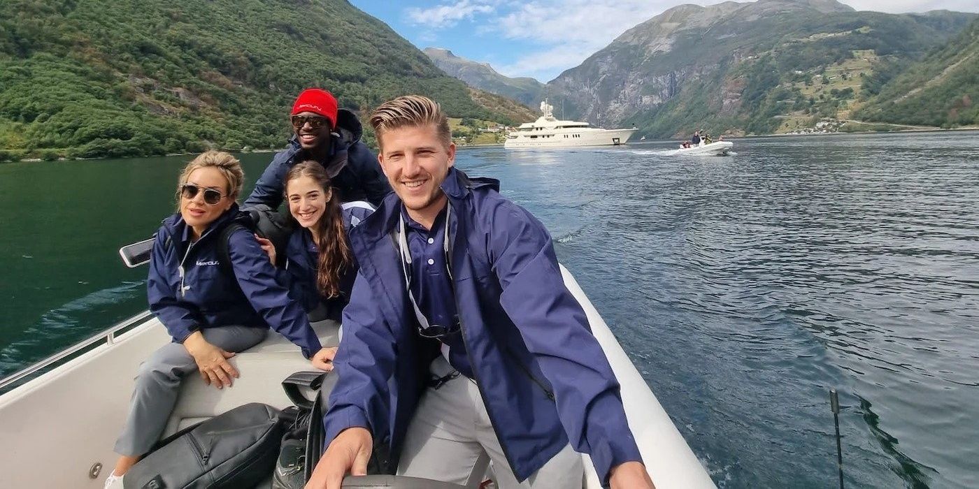 Below Deck Adventure season 1 cast members riding in small boat