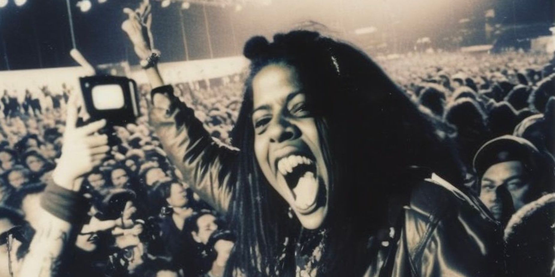 Een door AI gegenereerde afbeelding in sepia toont een zwarte vrouw die vrolijk een menigte toeschreeuwt tijdens een heavy metal-show