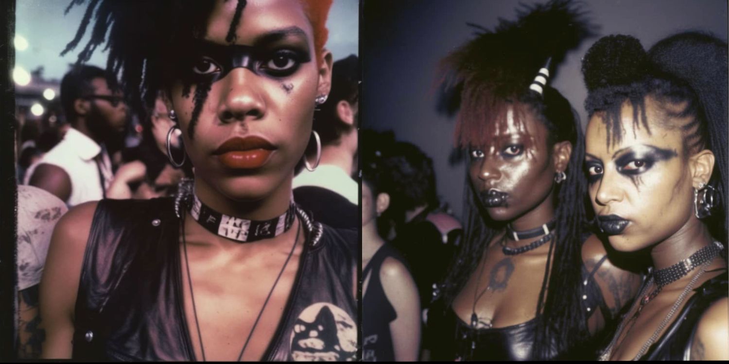 Side-by-side images from Fallon Fox's AI-generated image series show a head-on portrait of a Black heavy metal girl wearing dark makeup (left), and two Black metal girls standing together looking sideways at the camera (right)
