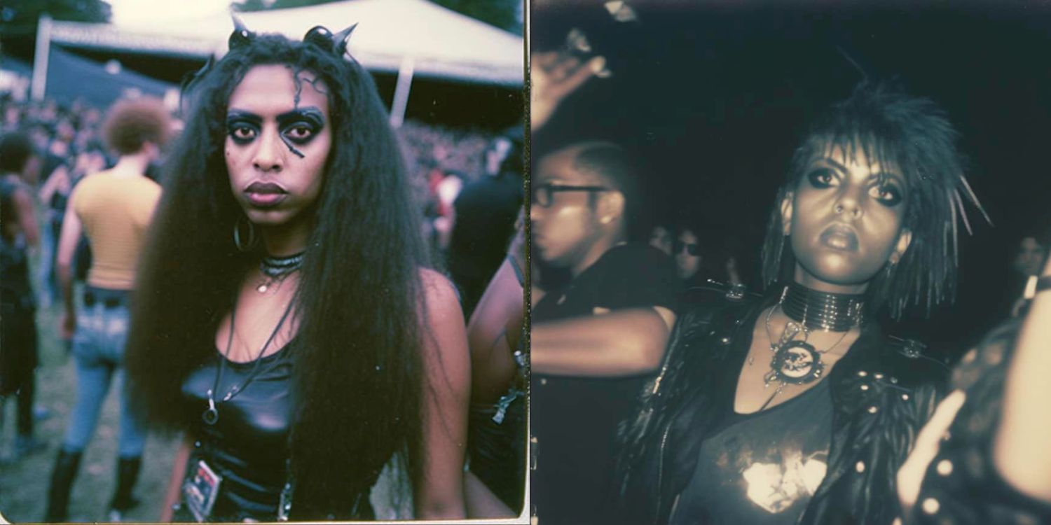 Een langharige zwarte gothic-vrouw wordt afgebeeld terwijl ze recht in de camera kijkt (links), naast een andere foto van een zwarte gothic-vrouw op een sepia-foto (rechts) 