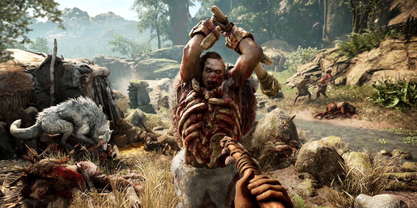 Uma imagem de gameplay de Far Cry Primal.  O jogador aponta uma lança para um inimigo que se aproxima.