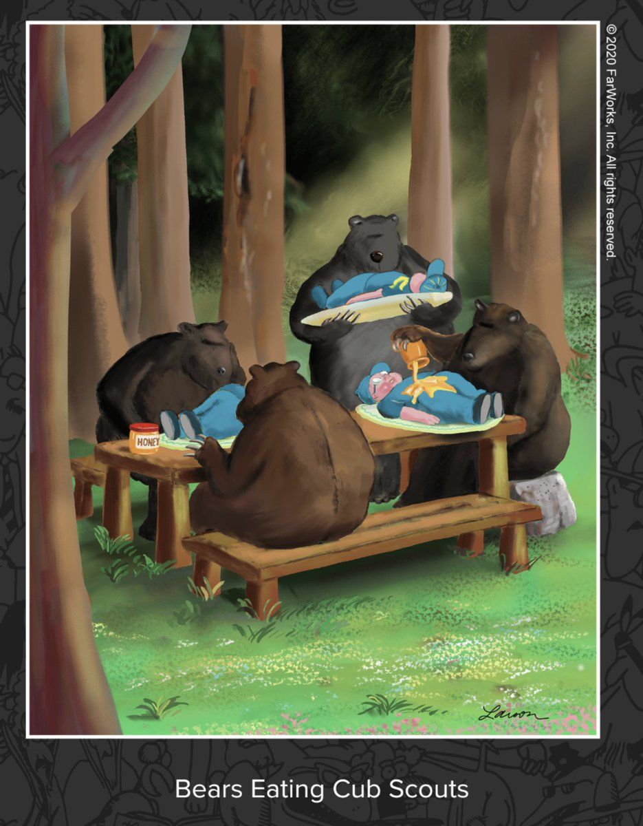 Quatre ours sont assis autour d'une table de pique-nique et versent du miel sur des louveteaux allongés sur des plateaux.  La légende se lit, 