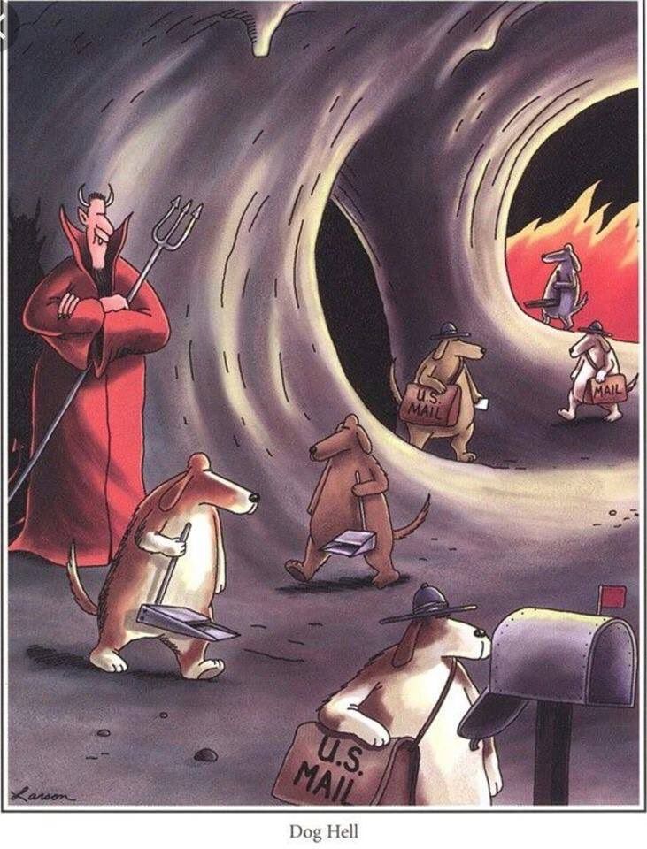 O diabo domina os cachorros nos quadrinhos Hell from Far Side 