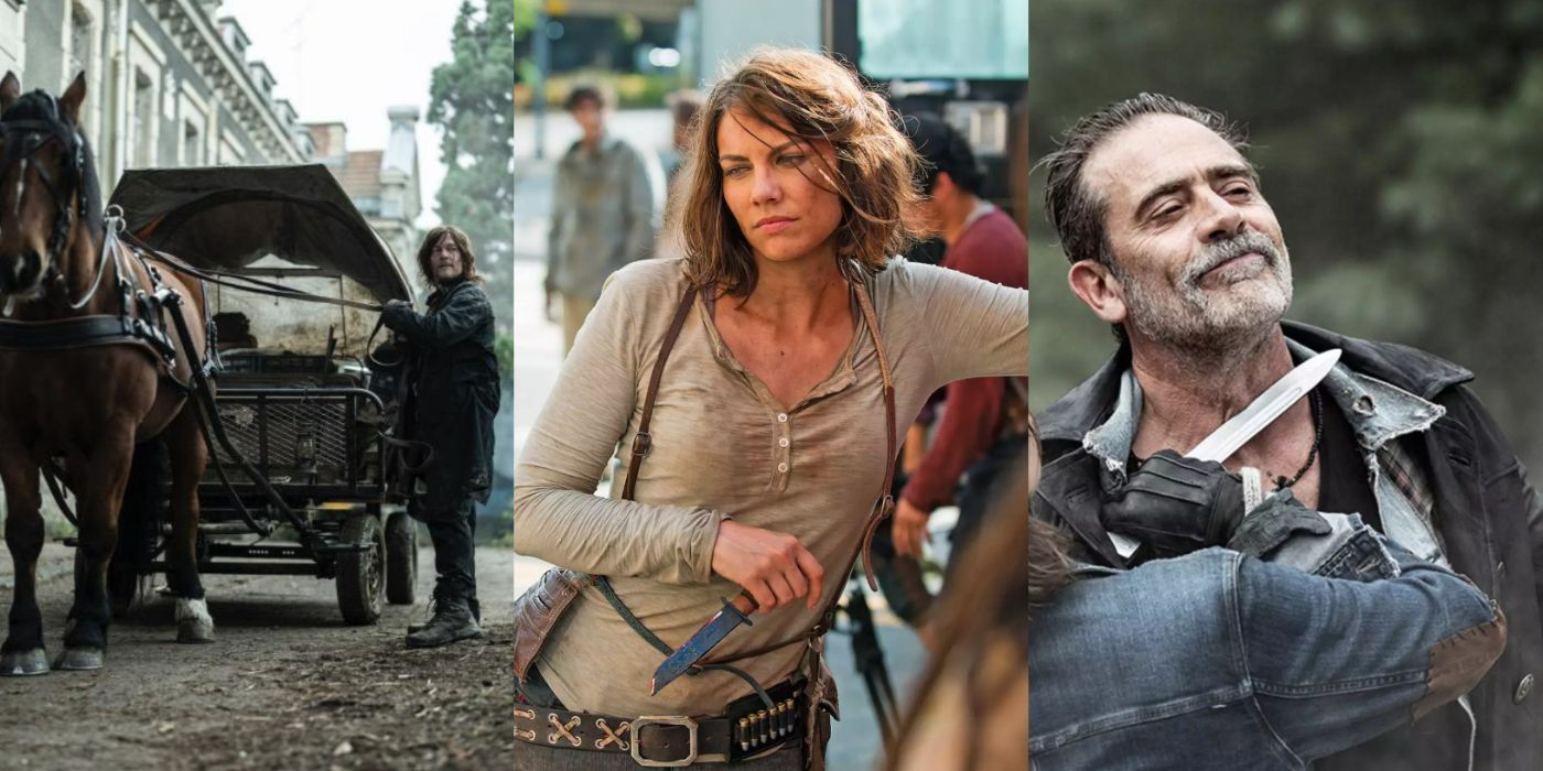 Split image of Daryl, Maggie, and Negan in The Walking Dead