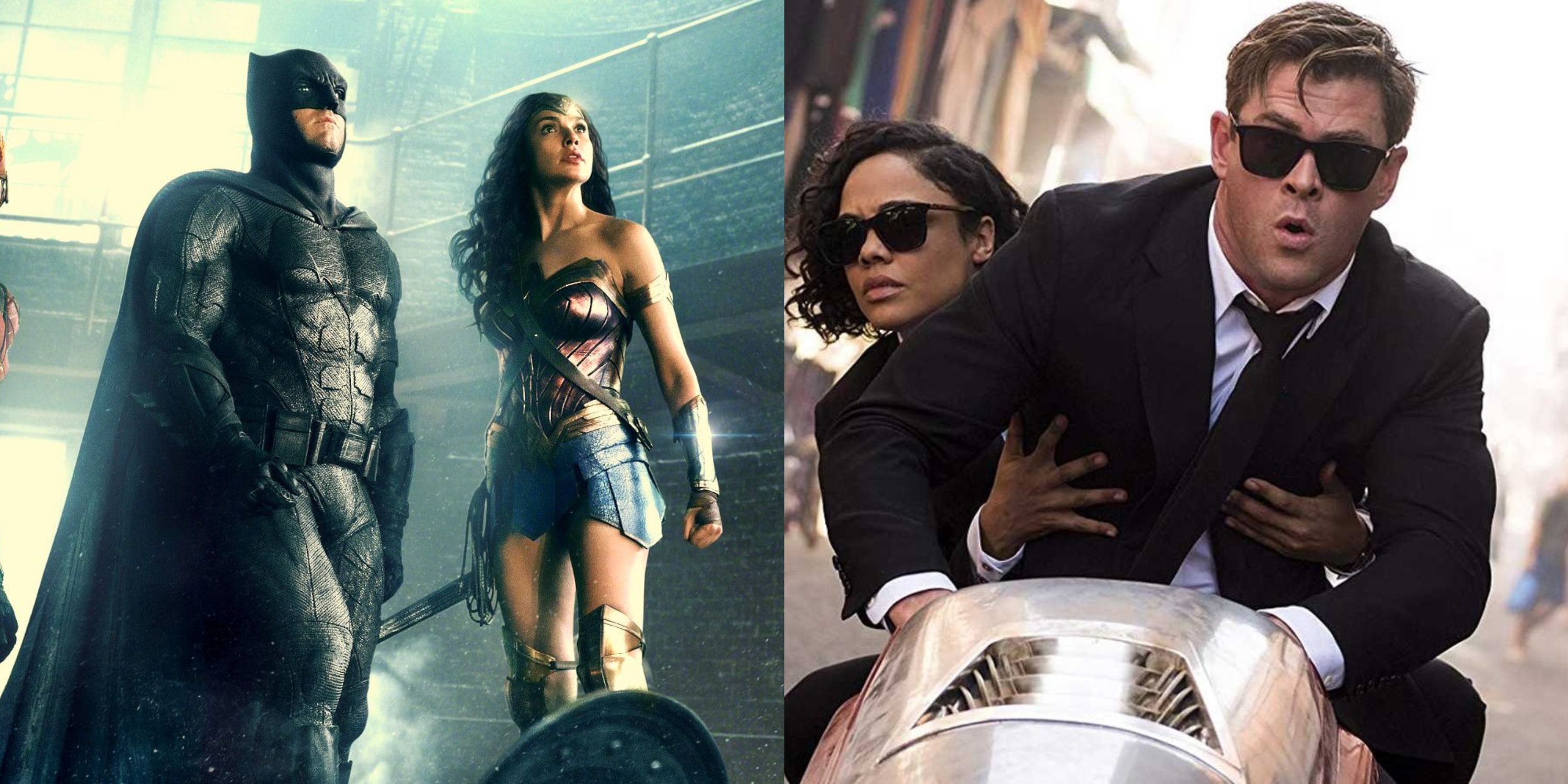 Featured image Batman and Wonder Woman in Justice League and Chris Hemsworth and Tessa Thompson on a motorbike in Men in Black International