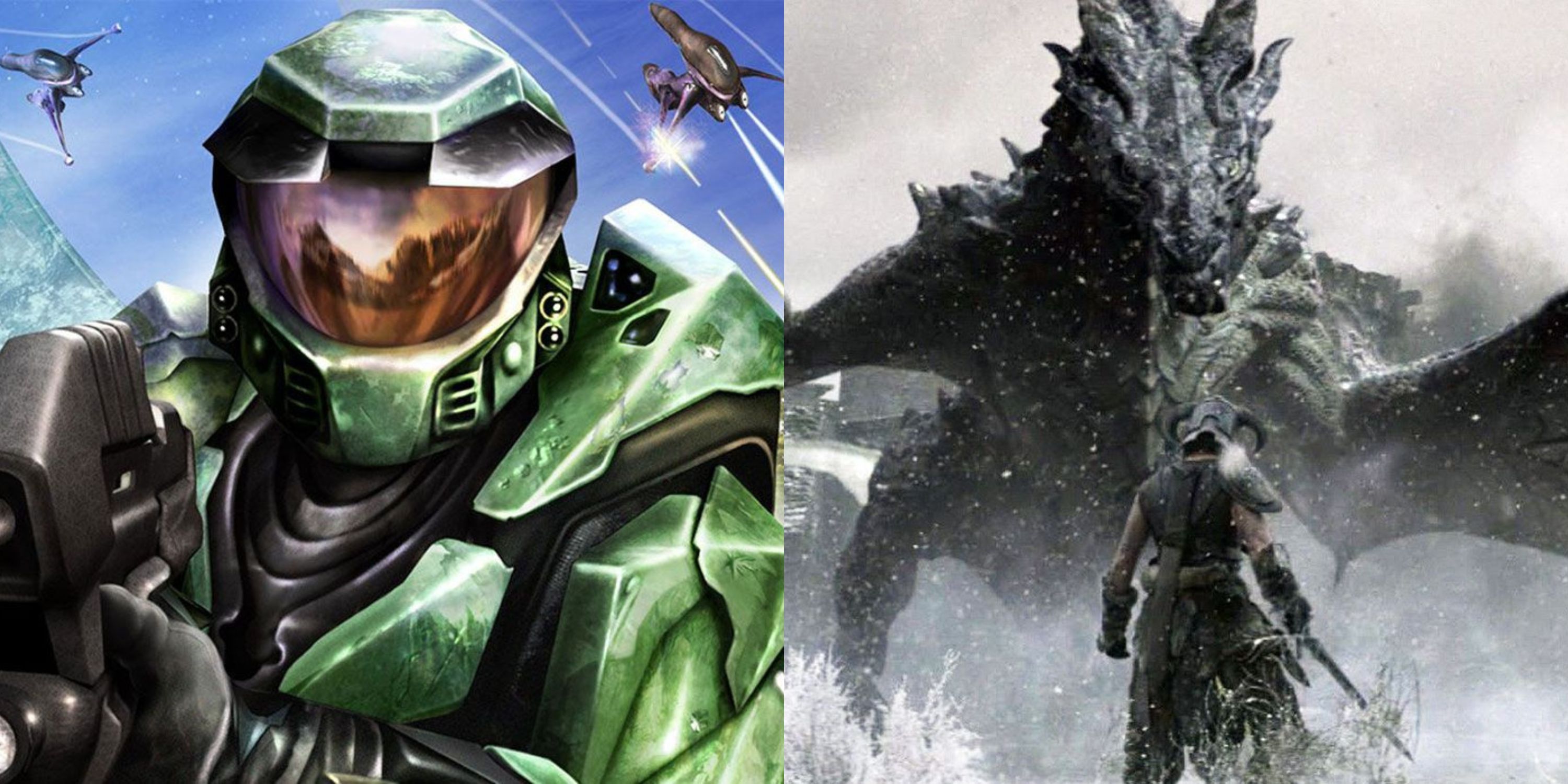 Featured image Master Chief on the Halo Combat Evolved cover and the Dragonborn facing a dragon in Skyrim