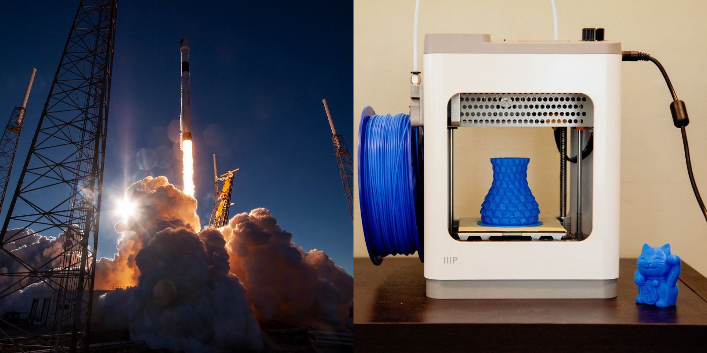 A split image of reusable Rockets and 3D Printing