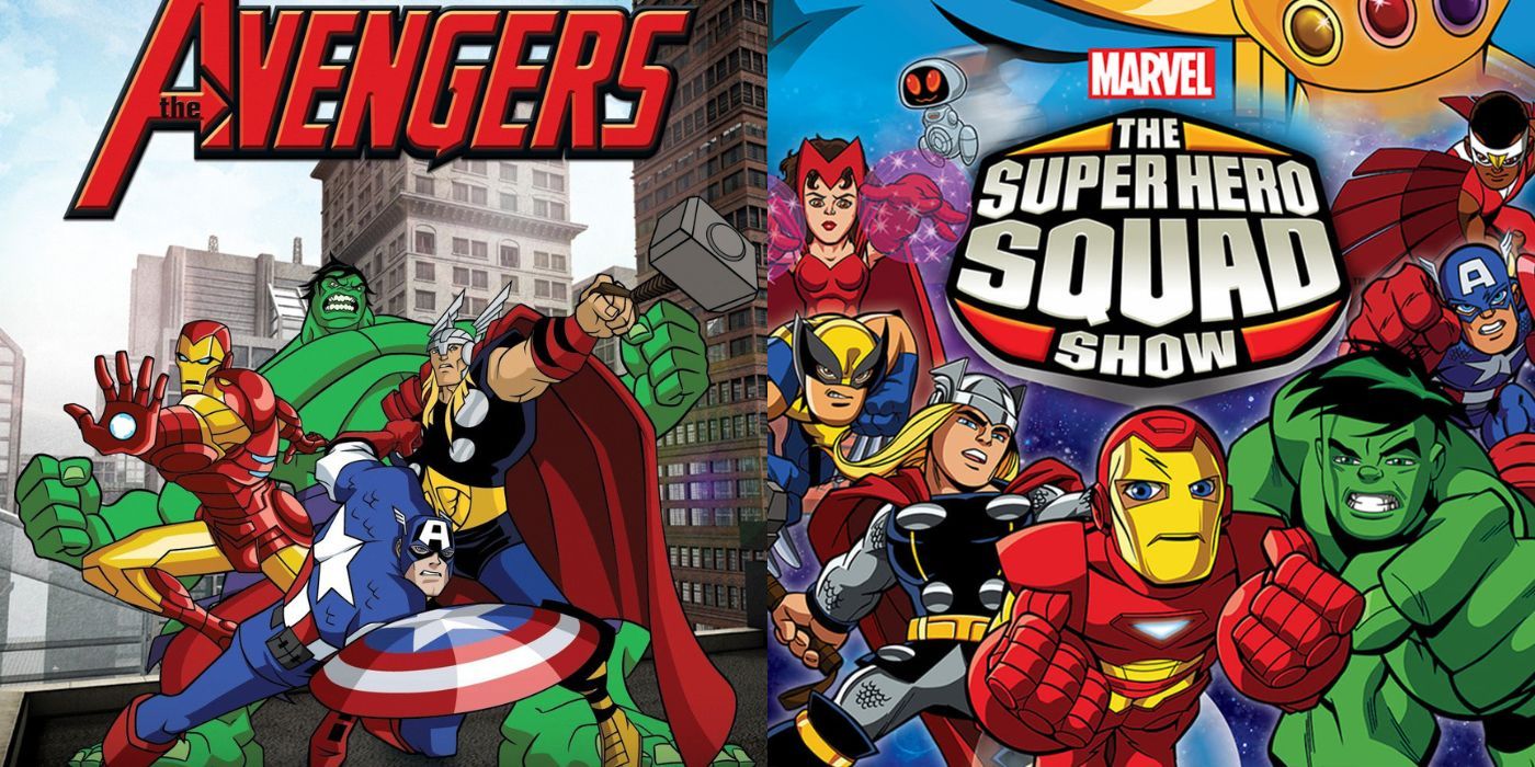 A split images of the Avengers Earth's Mightiest Heroes characters and The Superhero Squad standing together