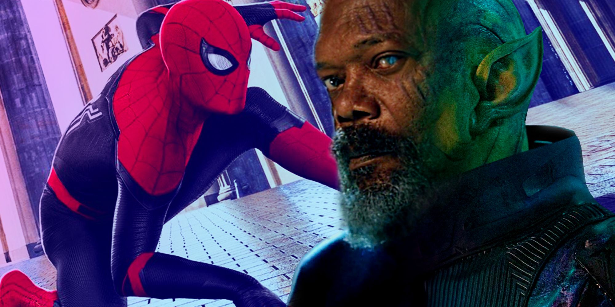 Spider-Man and Nick Fury half-transformed into a Skrull