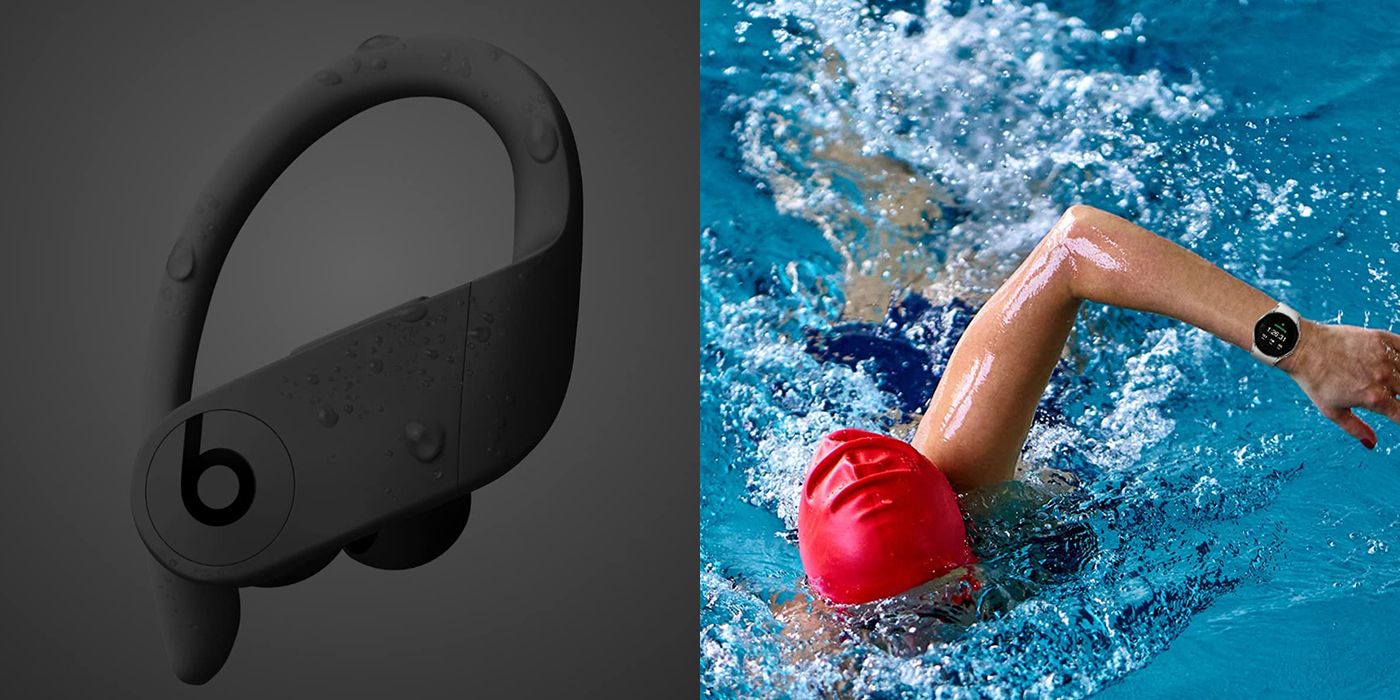 Split image of PowerBeats Pro and woman swimming with Galaxy Watch 4.