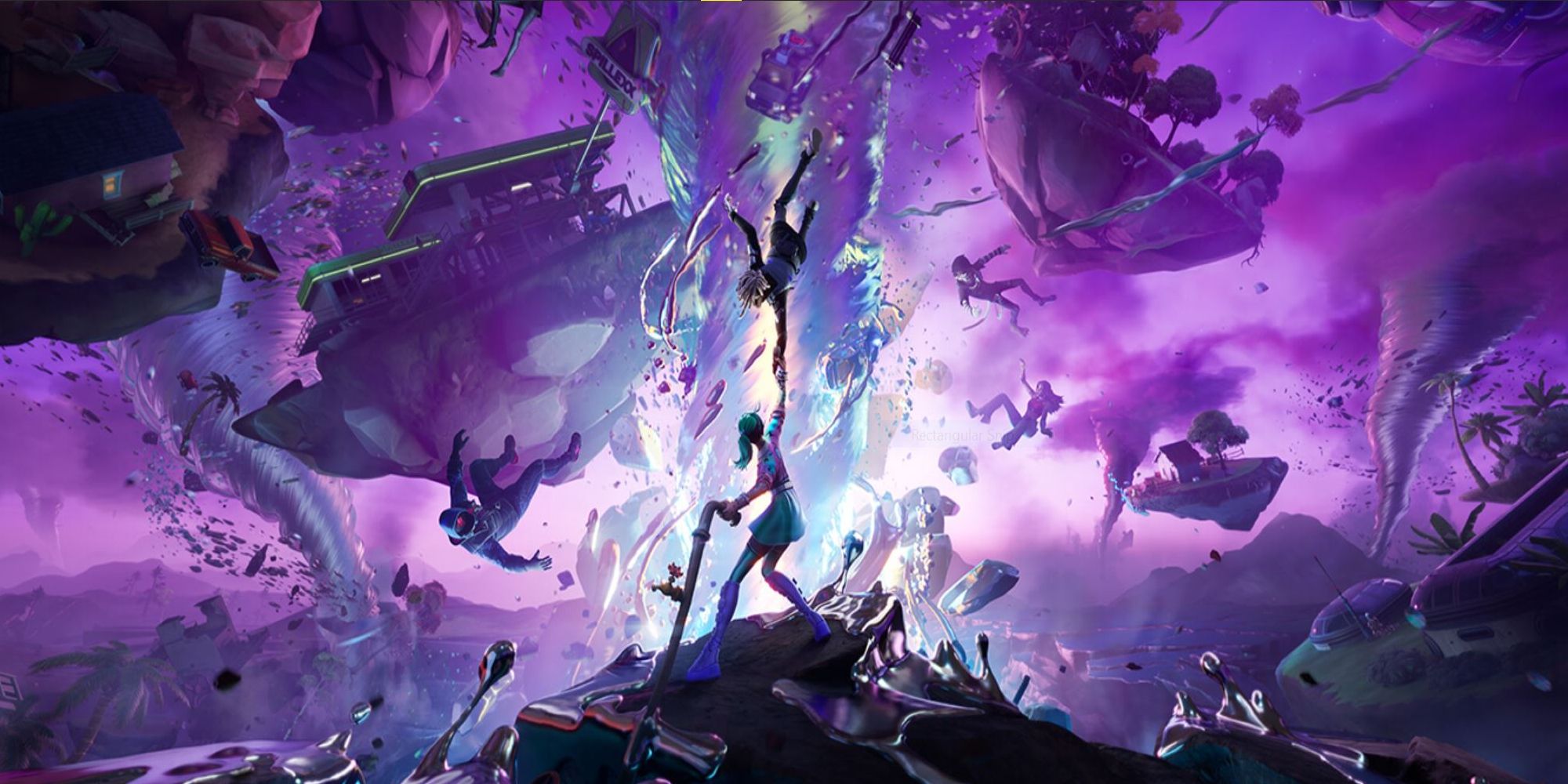 Official art for Fortnite's Chapter 3 finale event, where the landscape is being torn apart by an anomaly.