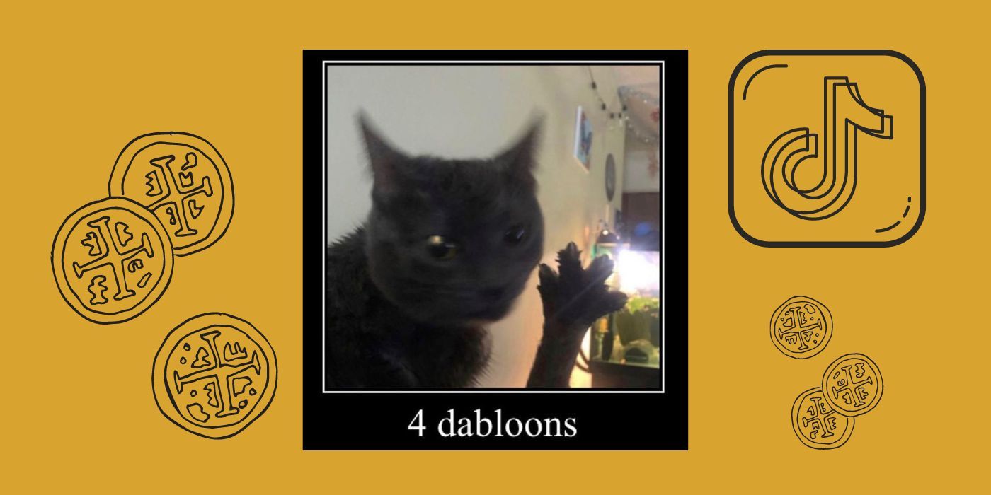 Imagem de gato preto segurando quatro dedos para cima, com o texto abaixo '4 dabloons'.  Atrás da imagem há um fundo amarelo com moedas dabloon e um ícone decorativo do TikTok. 
