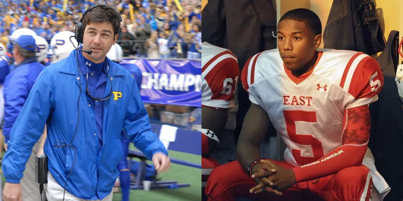 Split image of Coach Eric Taylor and Vince Howard in Friday Night Lights