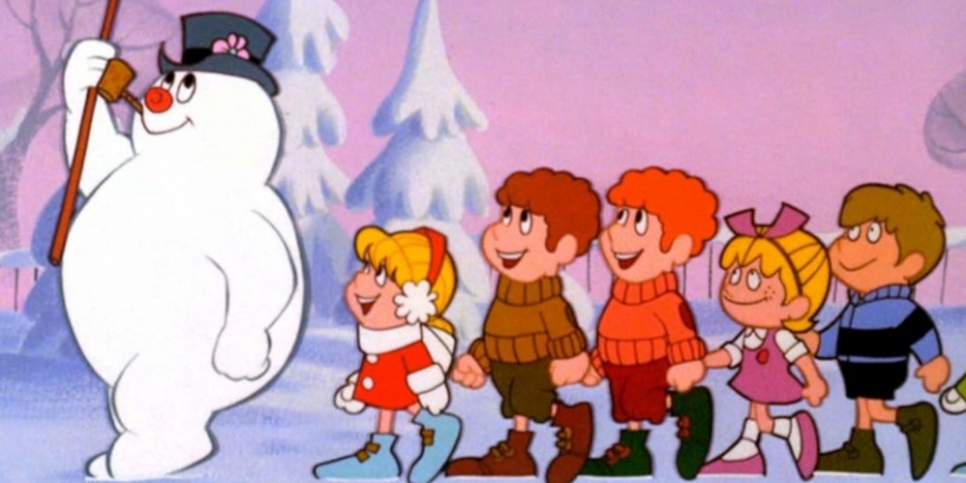 Frosty walking with a group of children following him in Frosty the Snowman. 