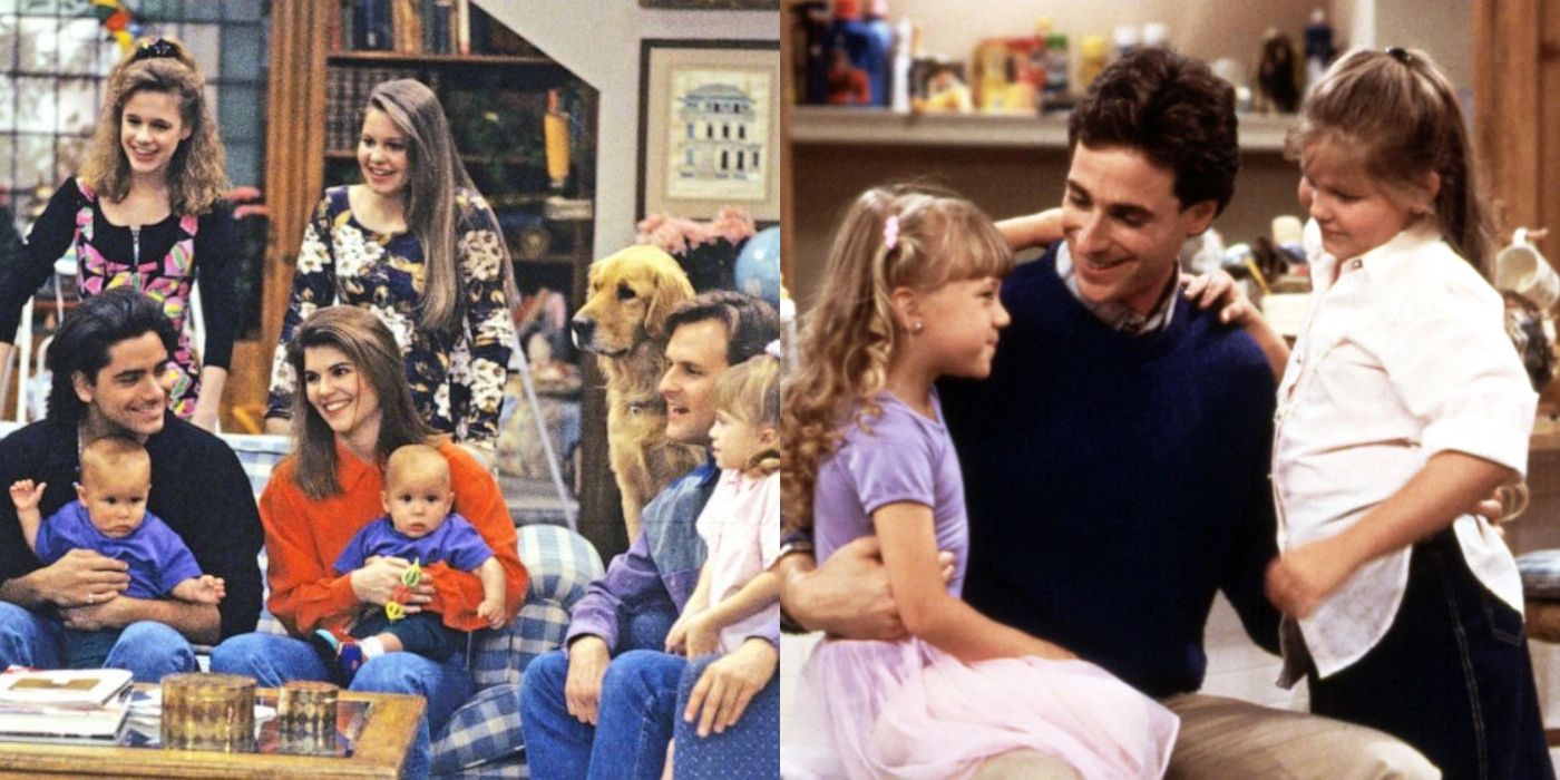 Split image of Kimmy, DJ, Jesse, Bekcy, the twins, Joey, Michelle and Danny and his kids on Full House