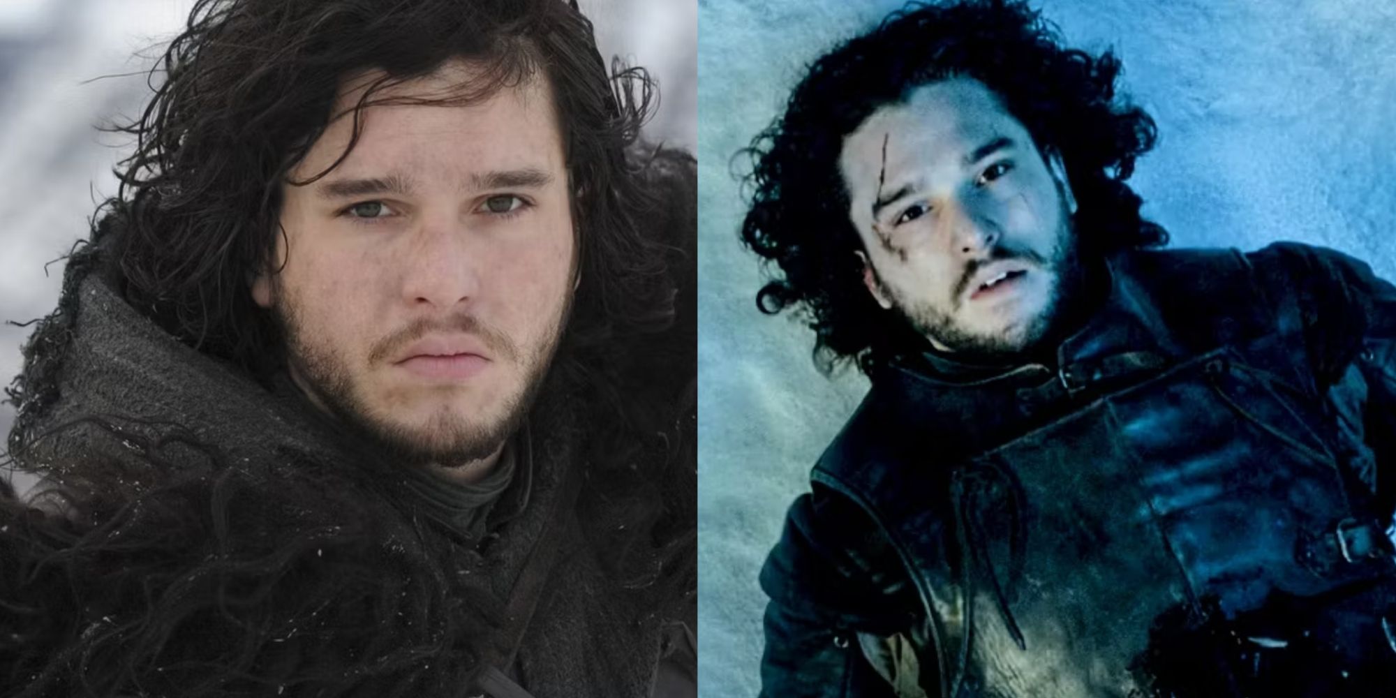 Split image of Jon Snow looking serious and lying dead in Game of Thrones