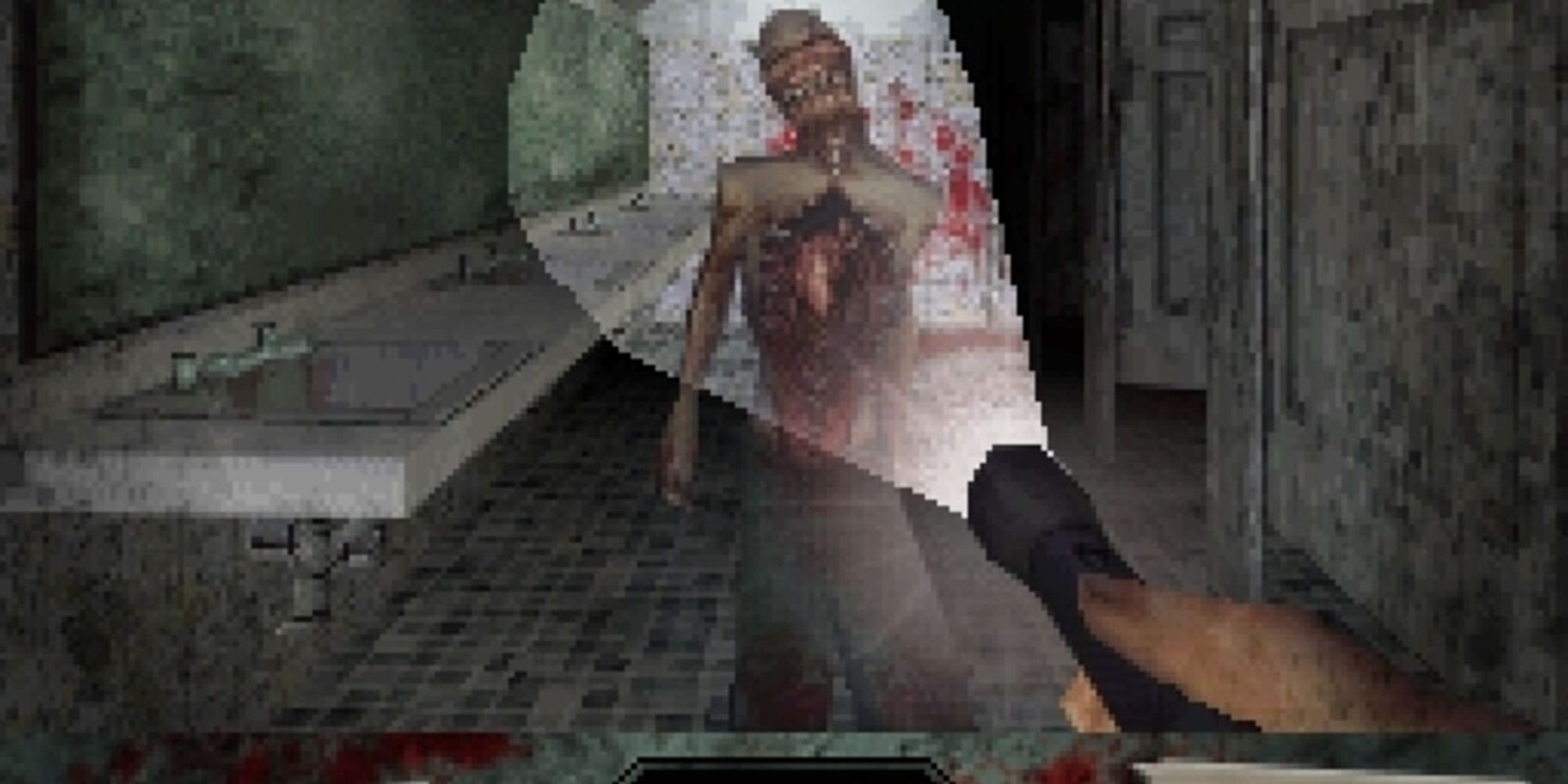 Gameplay screenshot of the main character shining a light on a monster in Dementium The Ward