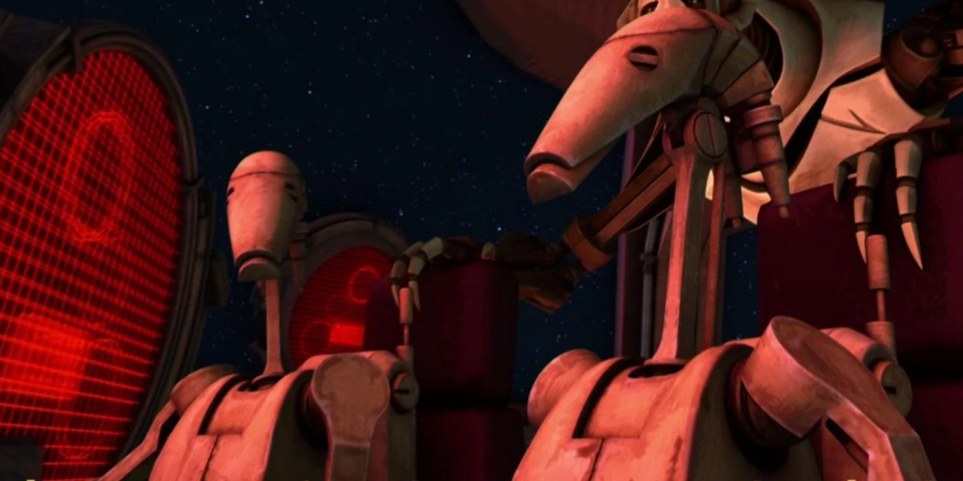 General Grievous with two battle droids in The Clone Wars