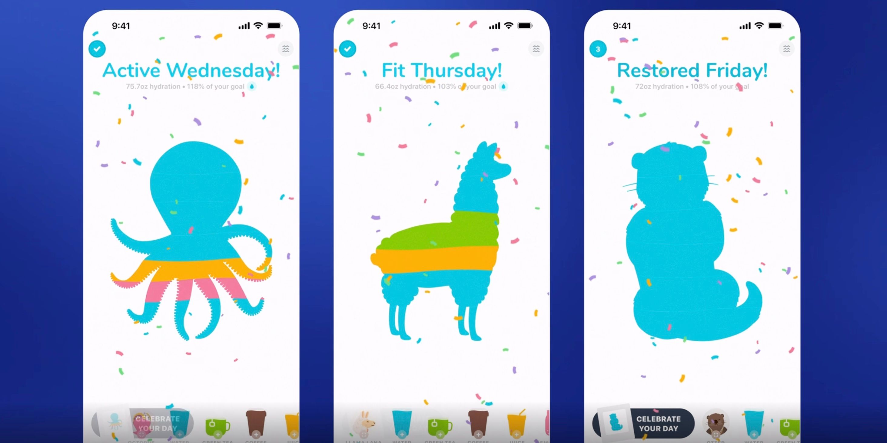 Three screenshots on an iPhone screen show silhouettes of an octopus, a llama and an otter and encouraging words around wellness