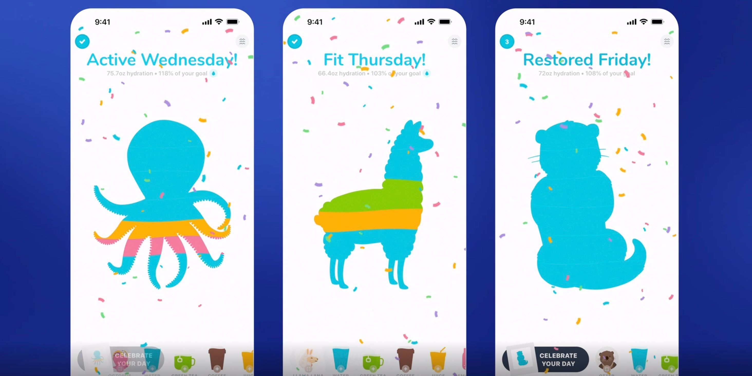 Three screenshots on an iPhone display show silhouettes of an octopus, llama, and otter and encouraging words around wellness