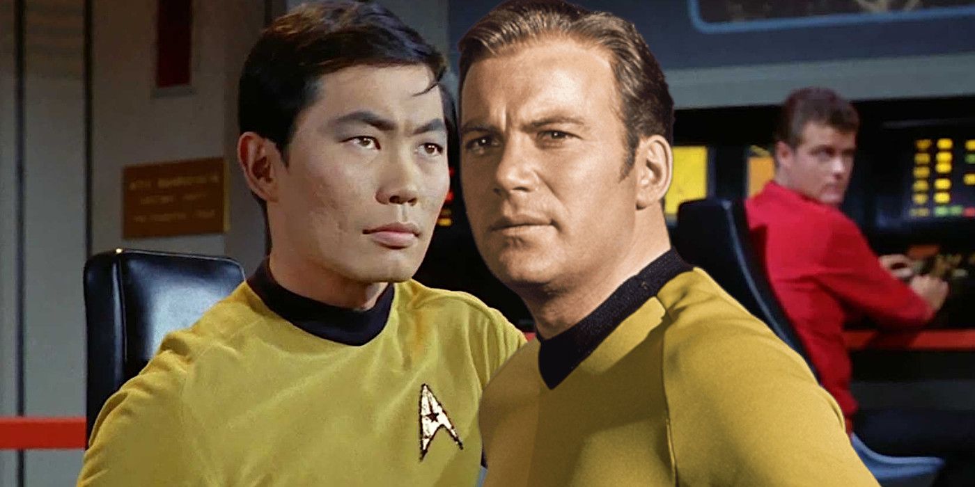 George Takei as Sulu and William Shatner as Kirk in Star Trek TOS in their uniforms on the Enterprise bridge looking dramatic