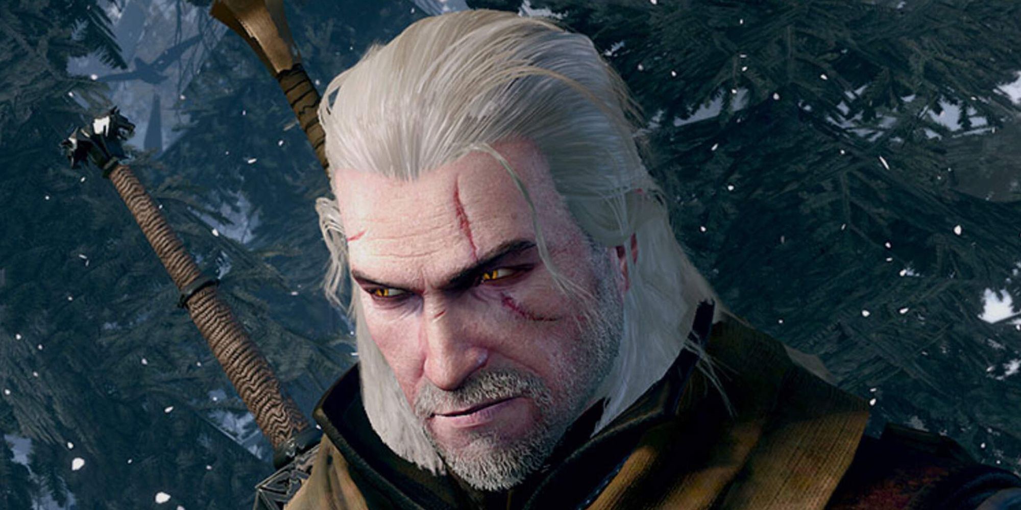 Geralt Of Rivia brilhando na floresta invernal em The Witcher 3 Wild Hunt (2015)
